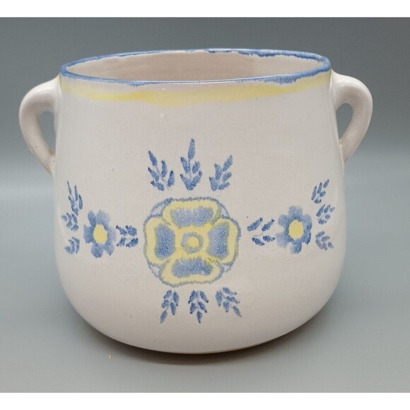Vintage AMNION Clay Pottery Handpainted ALGARVE Blue Yellow CROCK w Two Handles - Picture 1 of 9